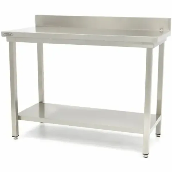 Mesa de trabajo Maxima de acero inoxidable con estante inferior, vista en perspectiva