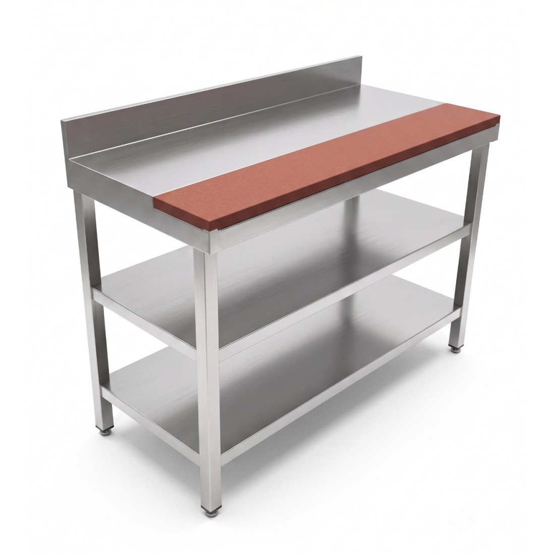 Mesa de trabajo acero inoxidable SS304 1250x550x900mm mural con 2 entrepaños y fibra burdeos 1250x200x30mm